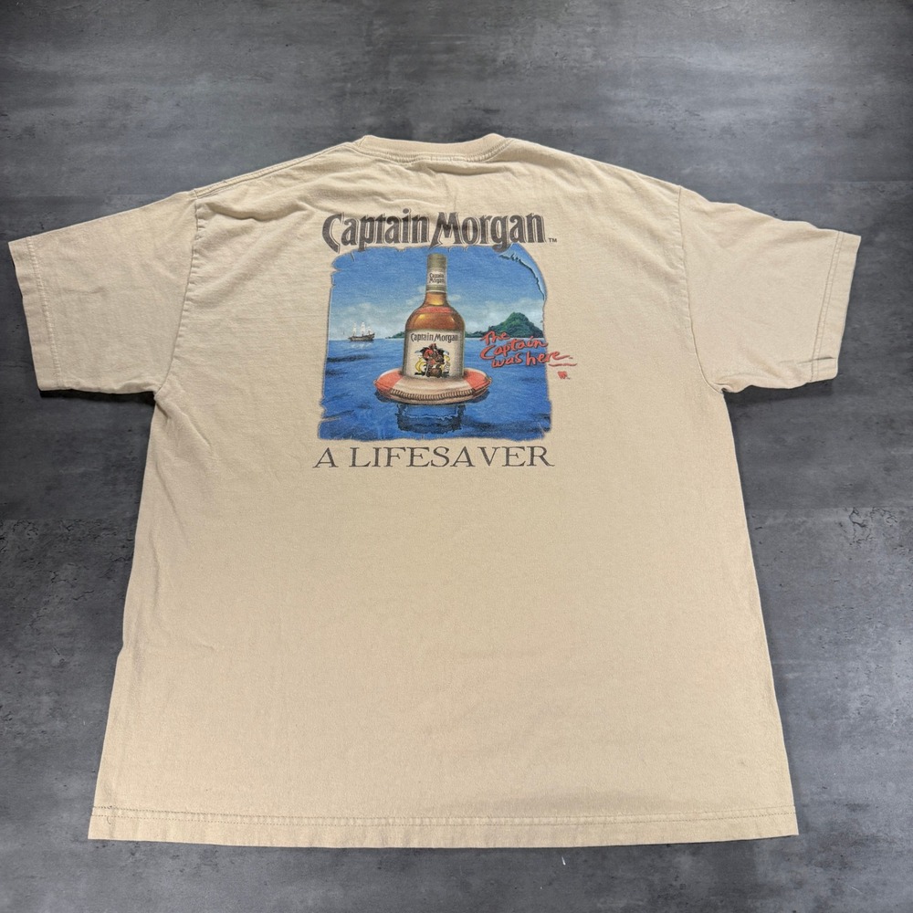 Vintage Captain Morgan T-Shirt Mens XL Tan Brown A Lifesaver Rum Graphic Pirate